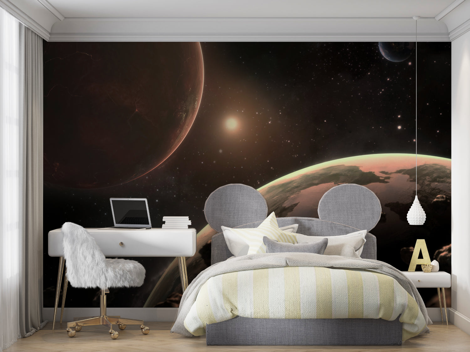 Playroom decorated with space themed wallpaper showing planets and stars