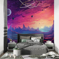 Space galaxy wallpaper creating a magical atmosphere in a modern kids bedroom with purple cosmic design