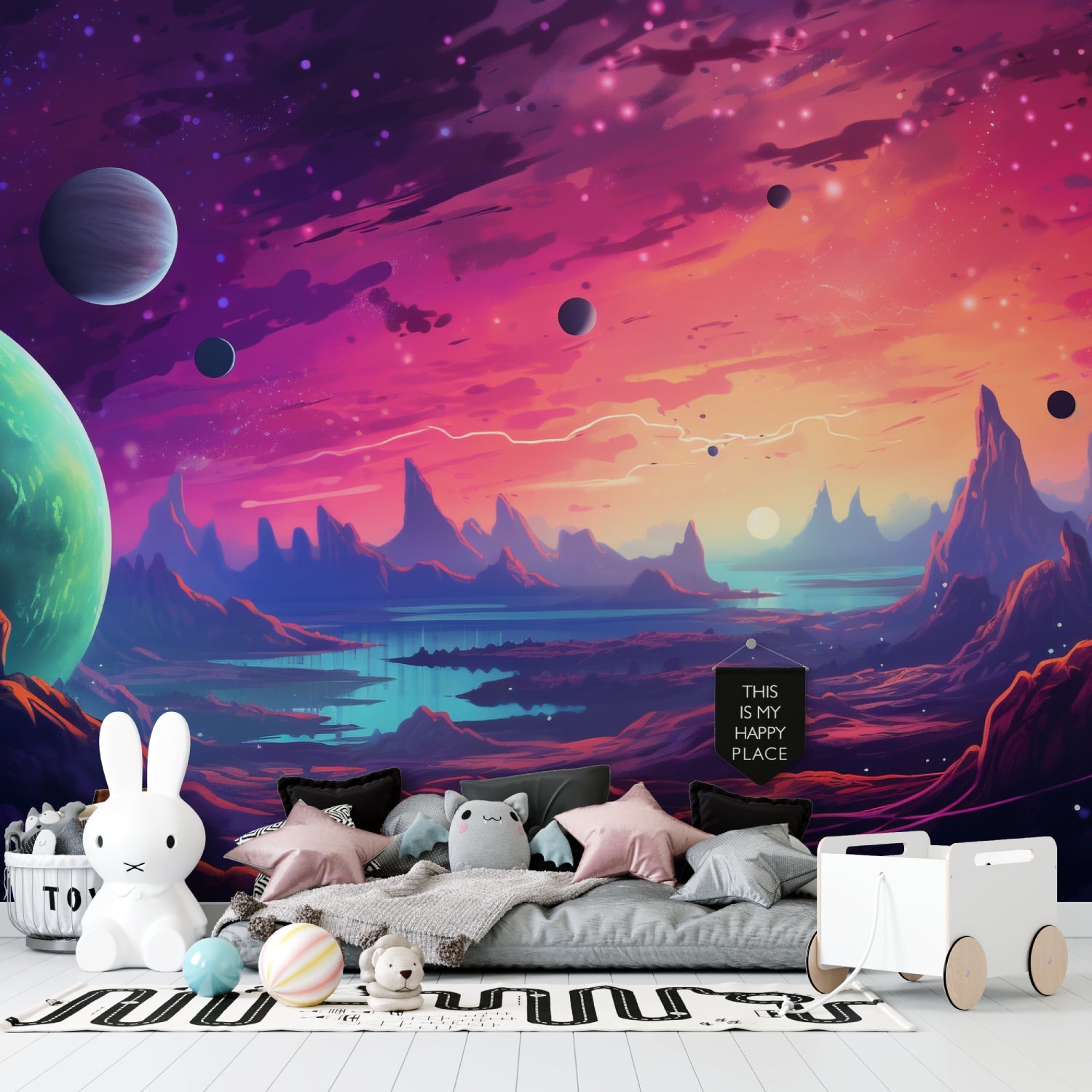 Purple galaxy mural wallpaper displayed in a teen gaming room with LED lighting