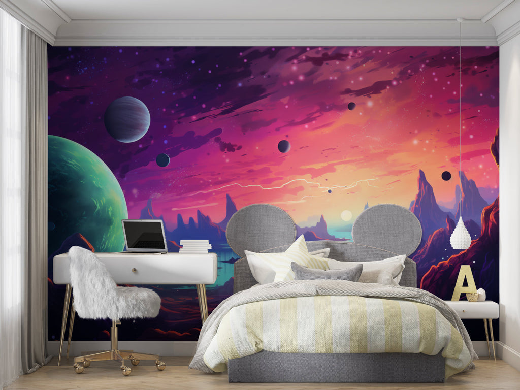 Cosmic space wallpaper transforming a study room with vibrant purple galaxy design