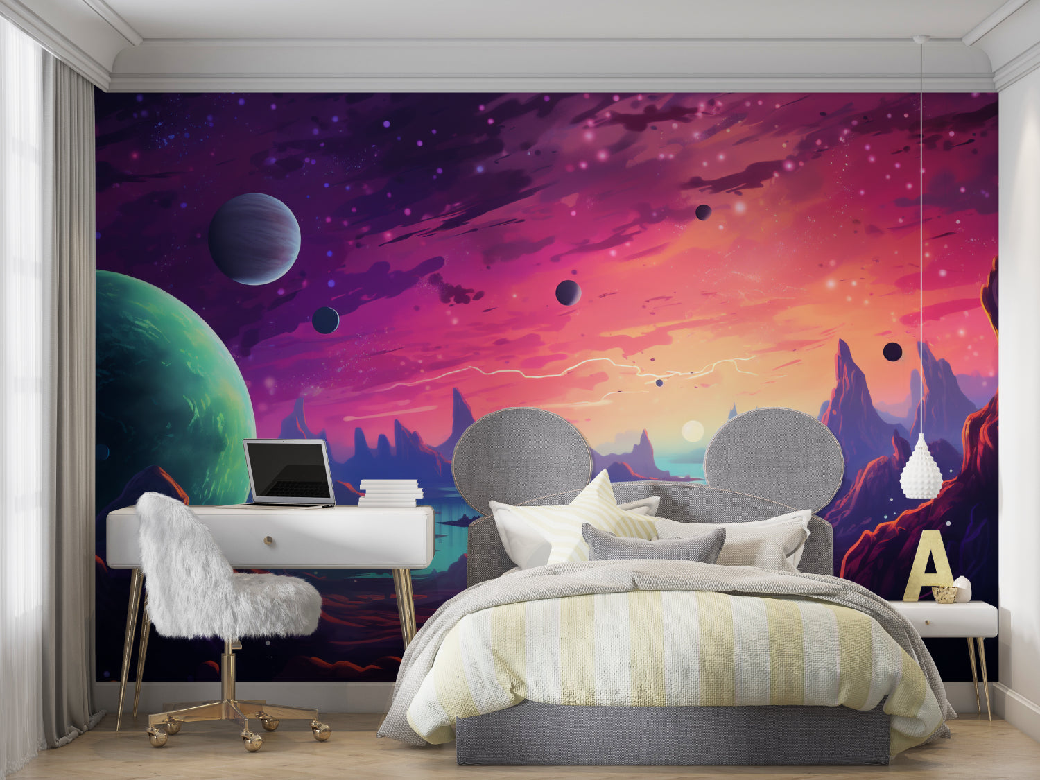 Cosmic space wallpaper transforming a study room with vibrant purple galaxy design