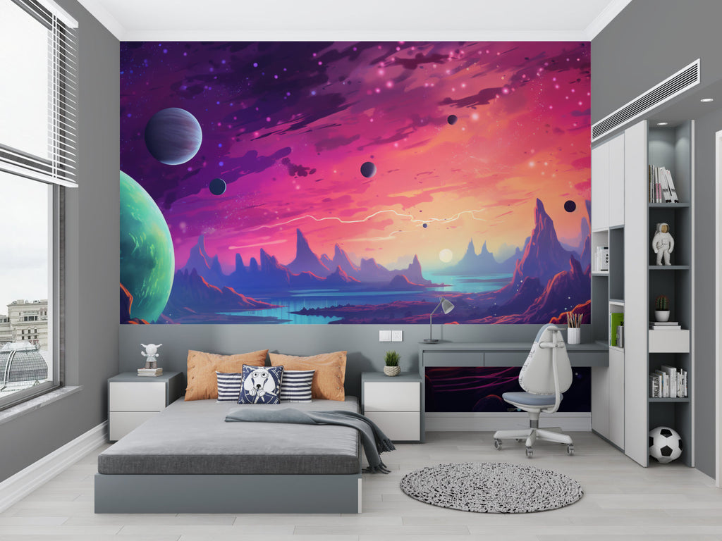 Space themed wallpaper bringing cosmic vibes to a modern home office