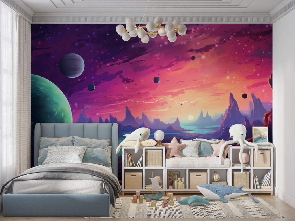 Galaxy wall mural creating depth in a cozy reading nook with purple cosmic scene