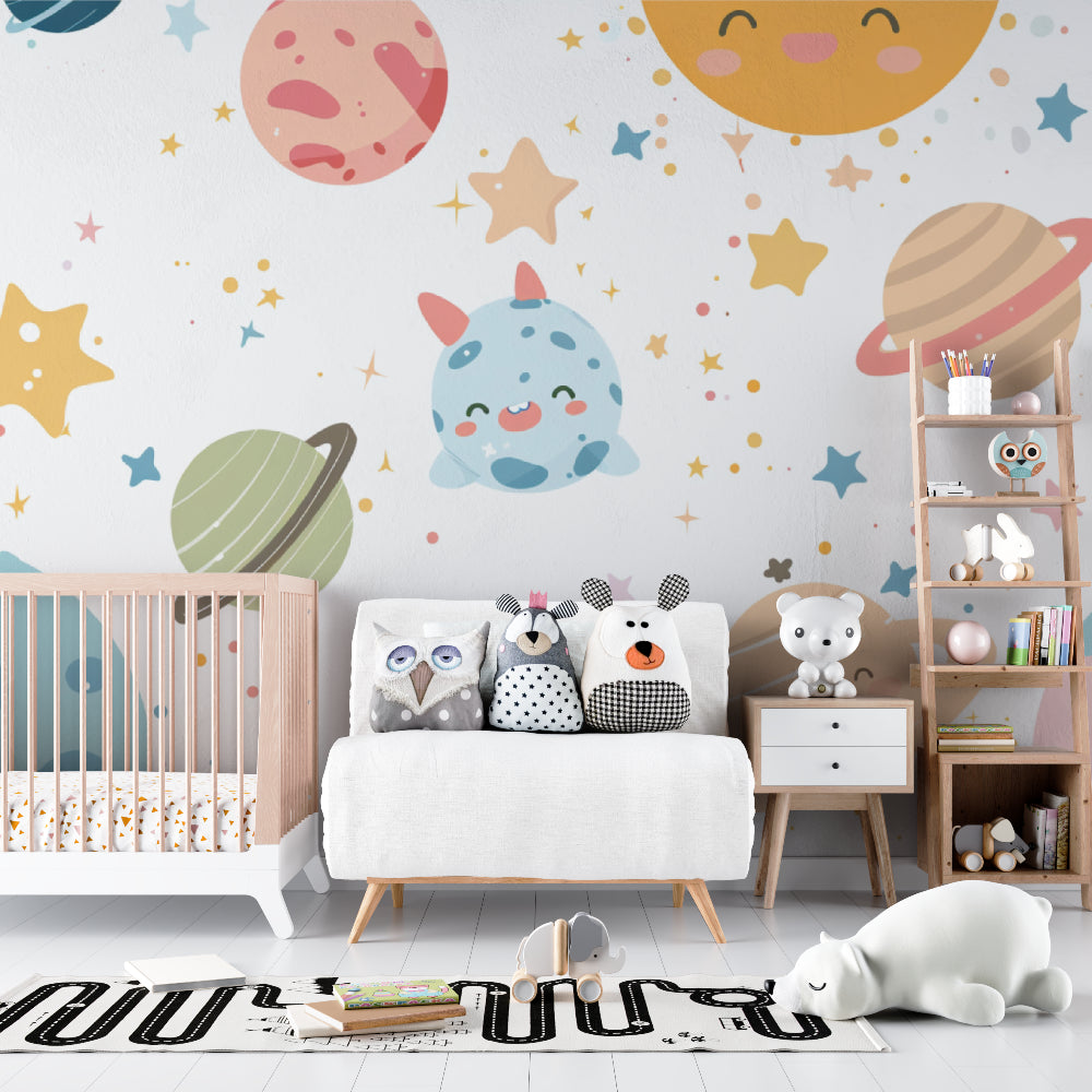 Space theme wallpaper creating a magical atmosphere in a modern nursery with white furniture
