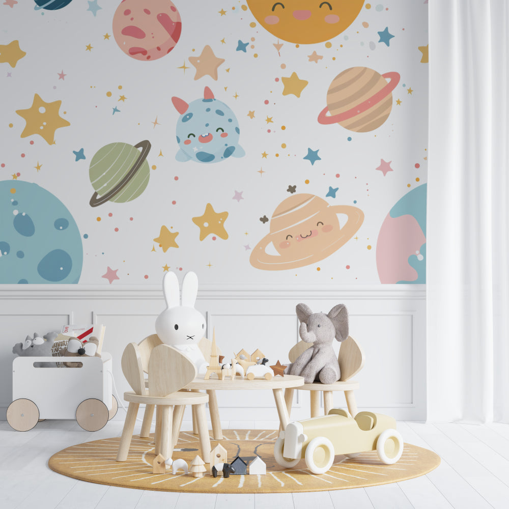 Kids bedroom featuring cute planet wallpaper with reading nook and floating shelves