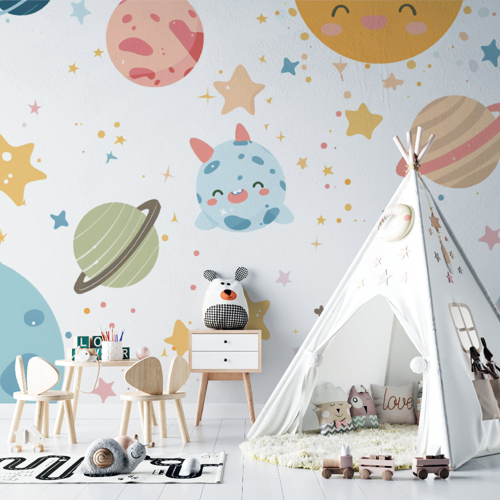 Playroom decorated with space mural wallpaper showing adorable planets and stars