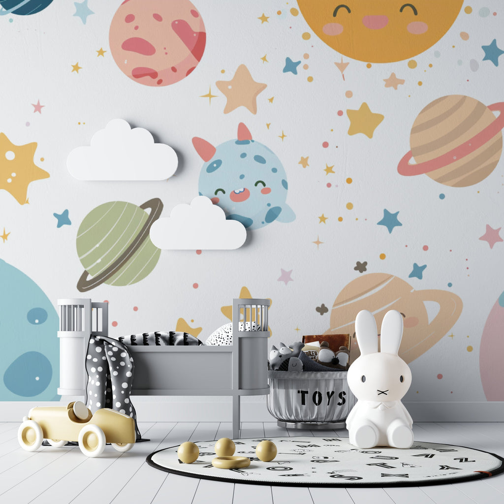 Baby room with cosmic nursery wallpaper and matching decor elements