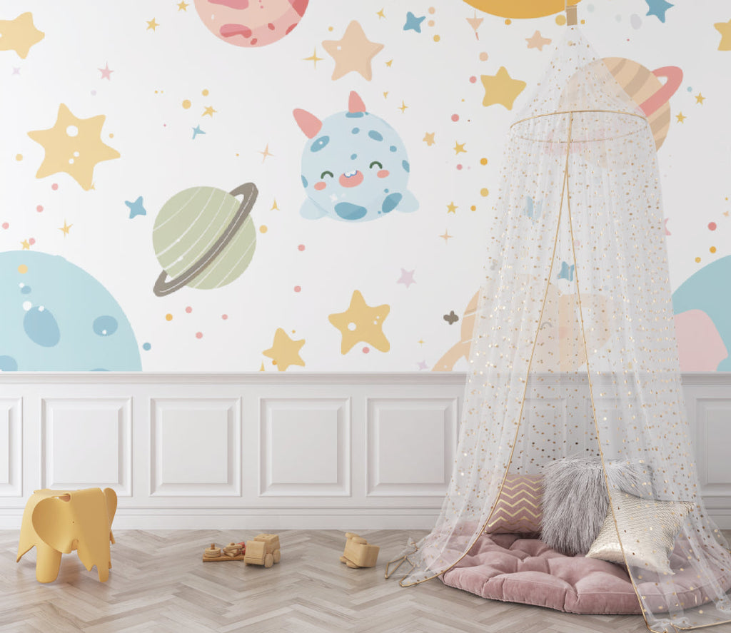 Children's study area with planet wallpaper creating an inspiring learning space