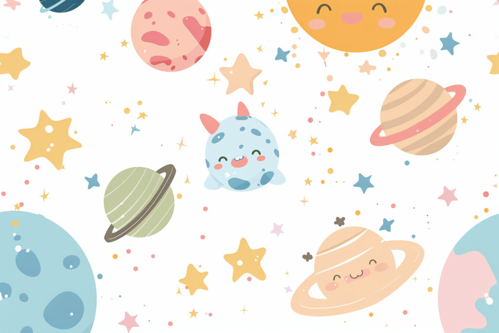 Space theme wallpaper design file showing full pattern of cute planets and twinkling stars