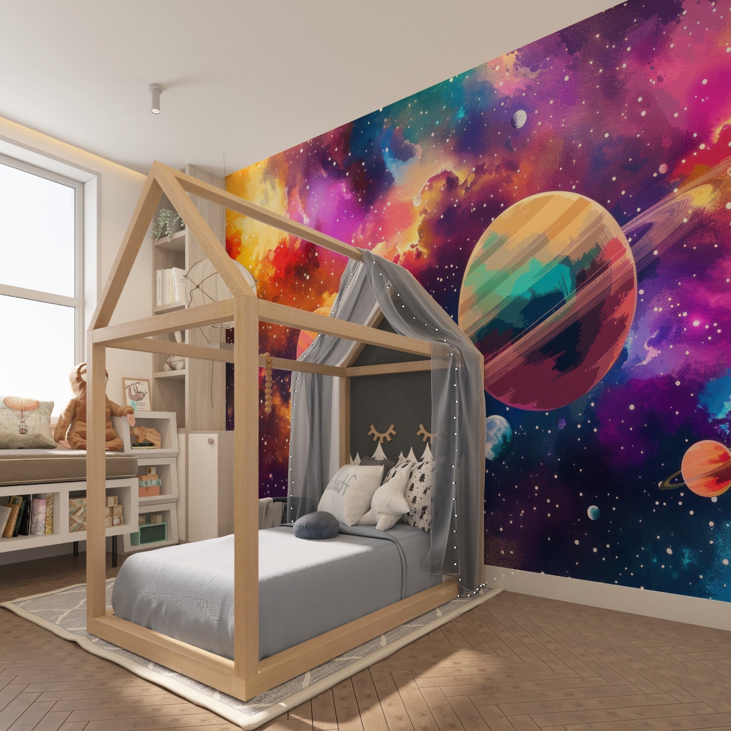 Space galaxy wallpaper in modern kids bedroom showing playful planets and stars