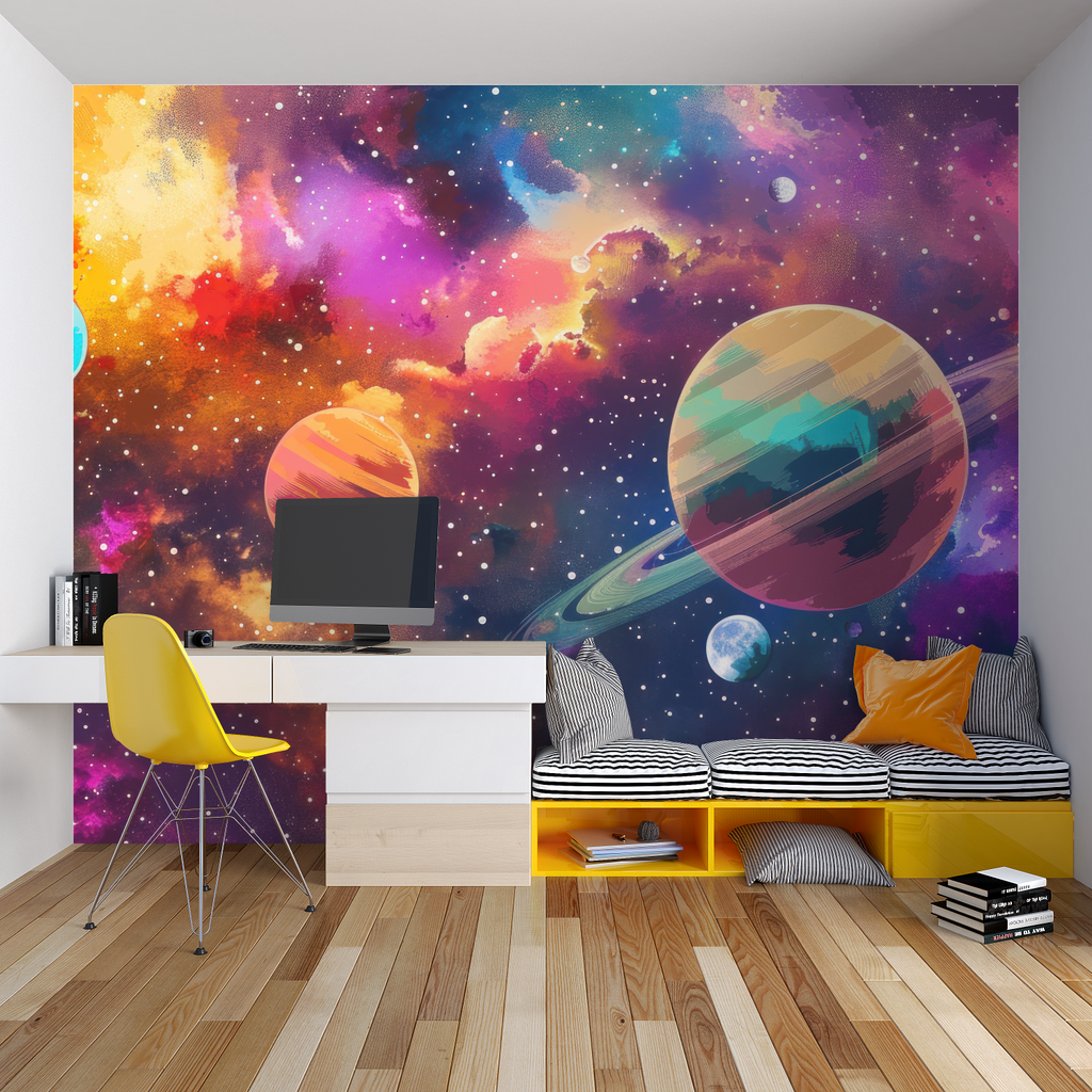 Cute planet wallpaper in cozy nursery with soft lighting