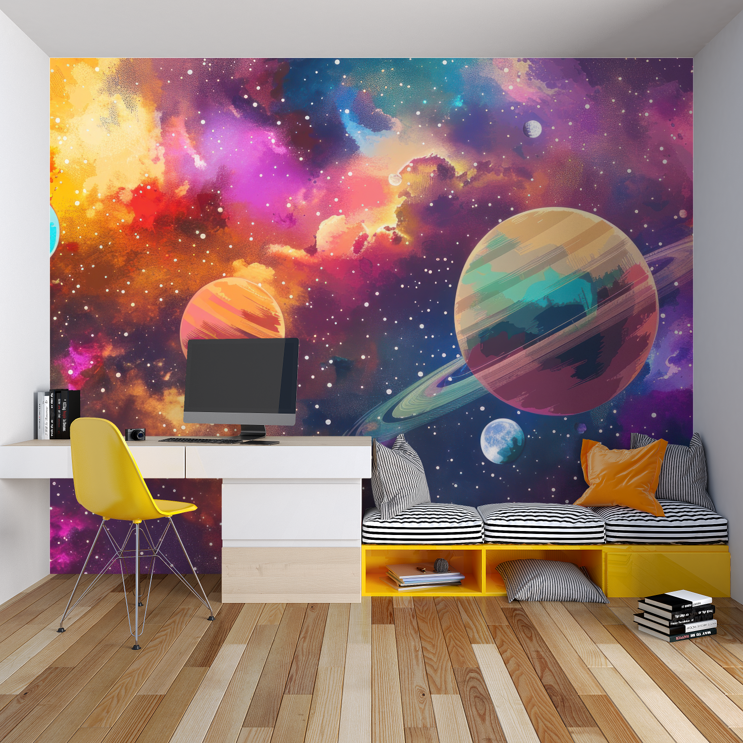 Cute planet wallpaper in cozy nursery with soft lighting