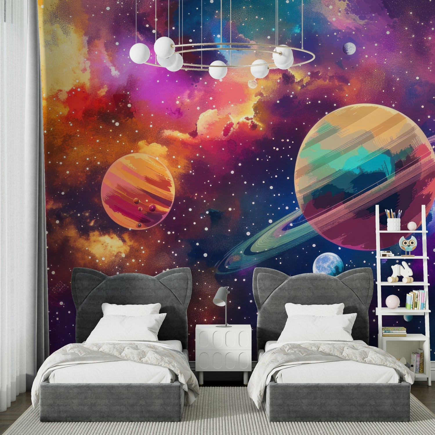 Space themed wallpaper creating magic in child's study area