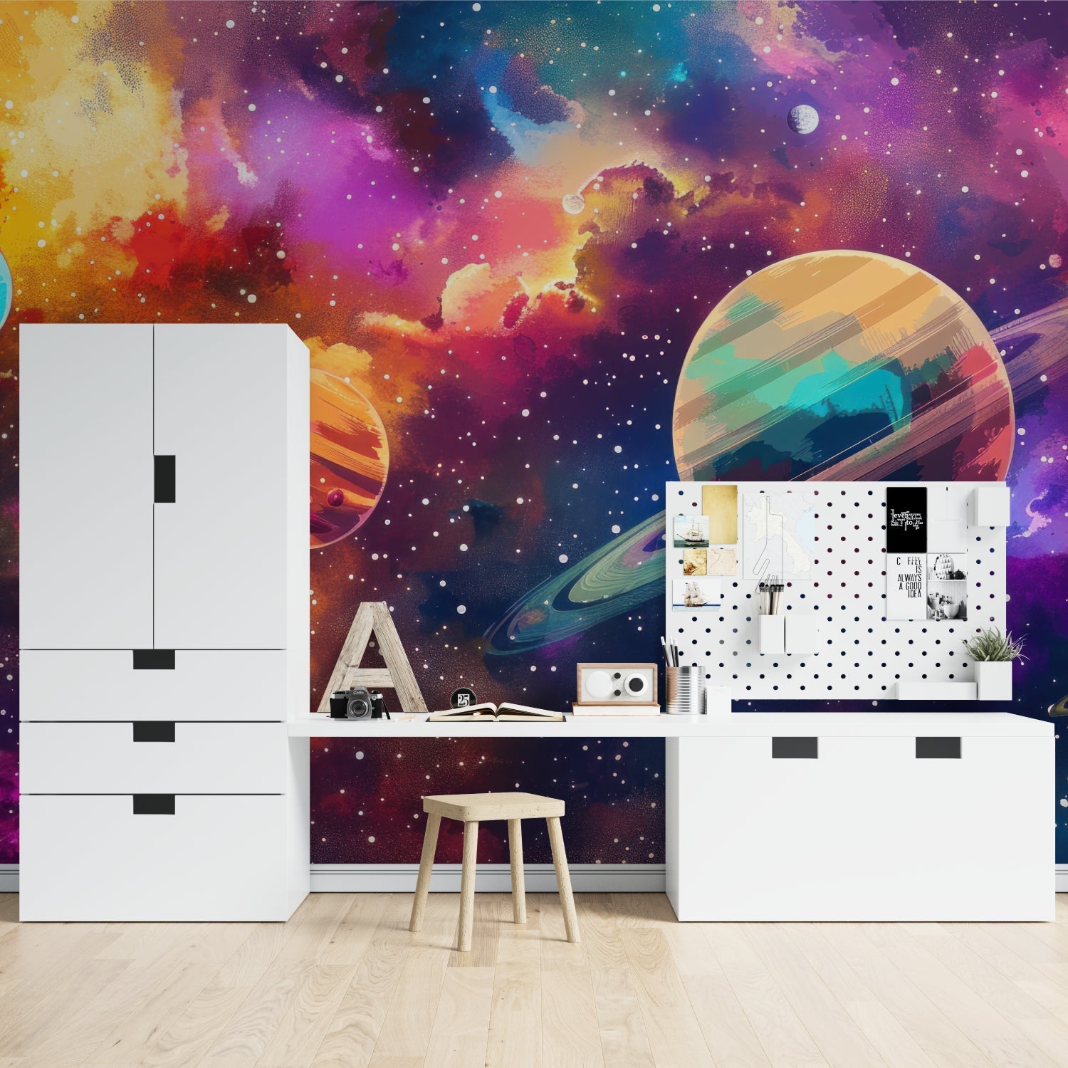 Planet wall mural adding fun to modern teen gaming room