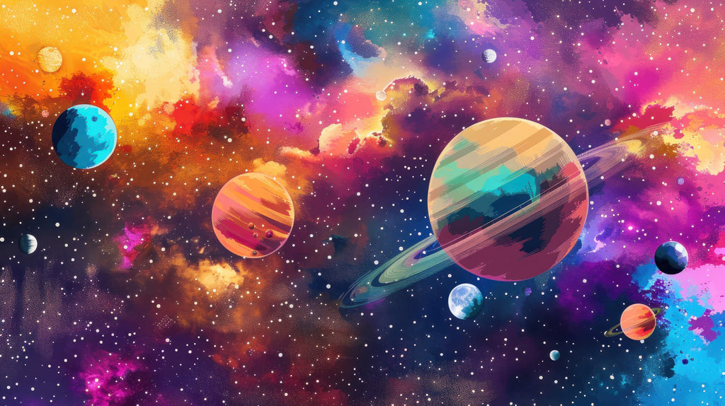 Space galaxy wallpaper design file showing full pattern of cute smiling planets and cosmic elements