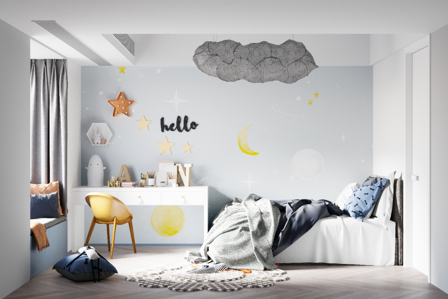 Night sky mural creating a calm atmosphere in a baby's nursery