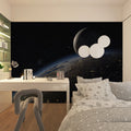 Space wallpaper creating cosmic atmosphere in modern living room with Earth and Moon view