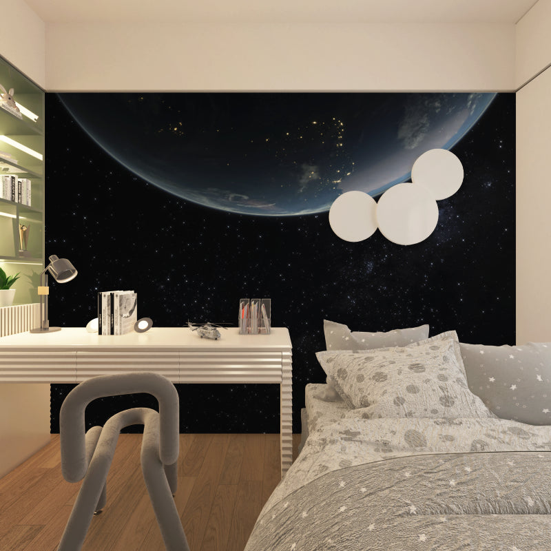 Galaxy wallpaper with Earth view making a statement in a gaming room