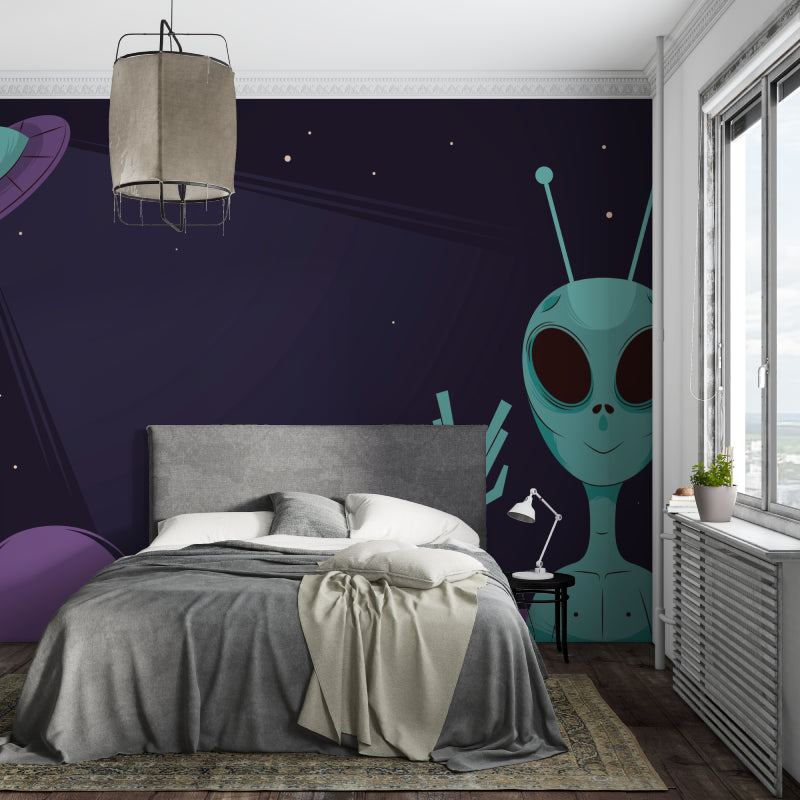 Space themed wallpaper with friendly alien in modern nursery setting, creating a magical atmosphere