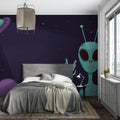 Space themed wallpaper with friendly alien in modern nursery setting, creating a magical atmosphere