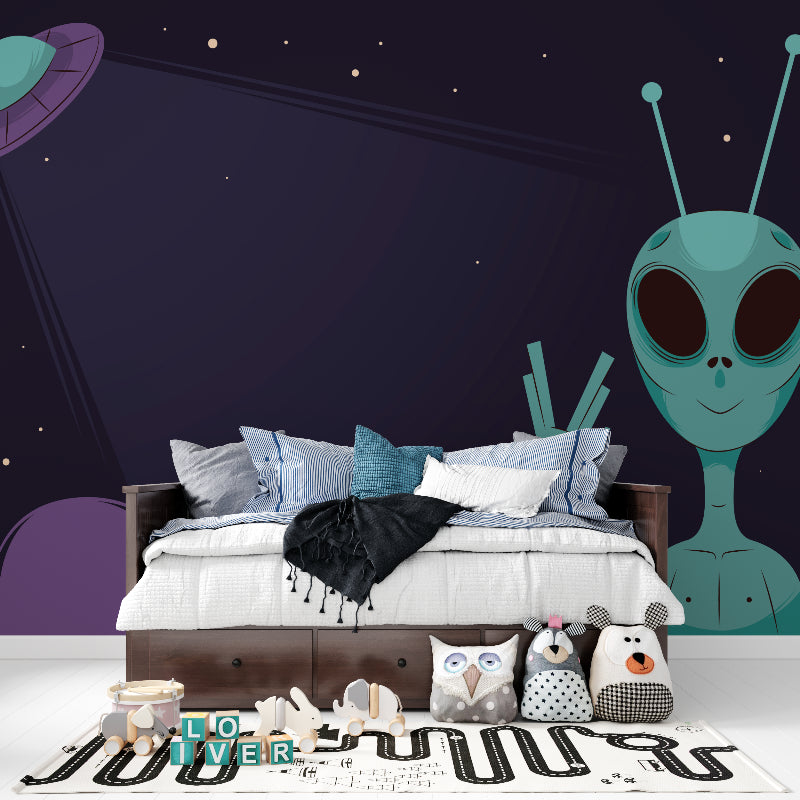 Alien wallpaper mural showcased in child's bedroom with soft lighting