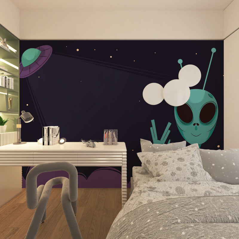 UFO and alien wallpaper displayed in modern kids study area