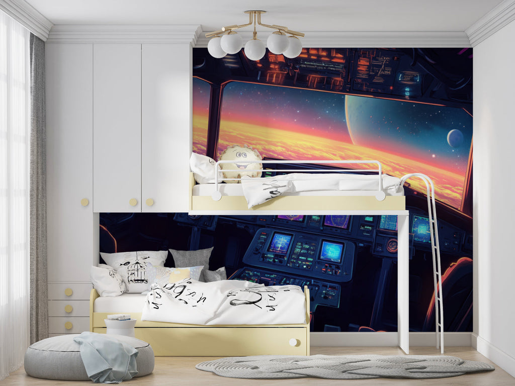 Futuristic spacecraft cockpit mural in kid's bedroom with space-themed decorations