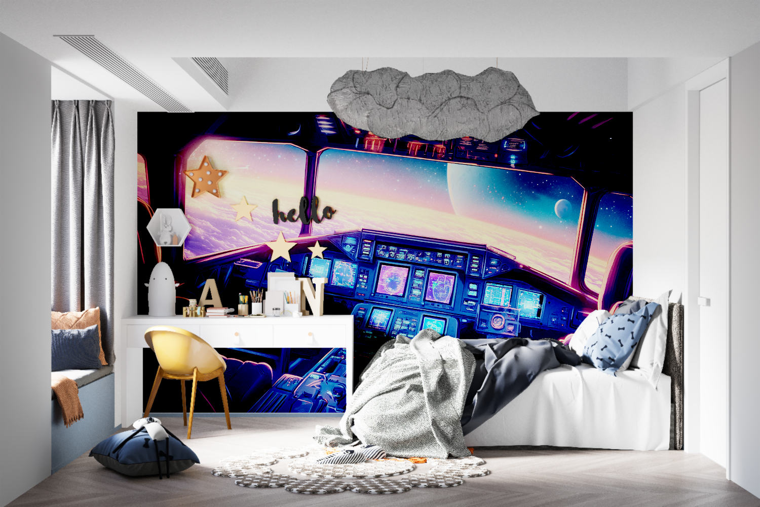 Galaxy cockpit mural bringing space adventure to teen bedroom setup