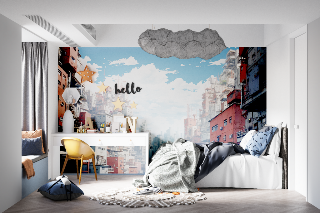 Space battle mural wallpaper in media room with ambient lighting