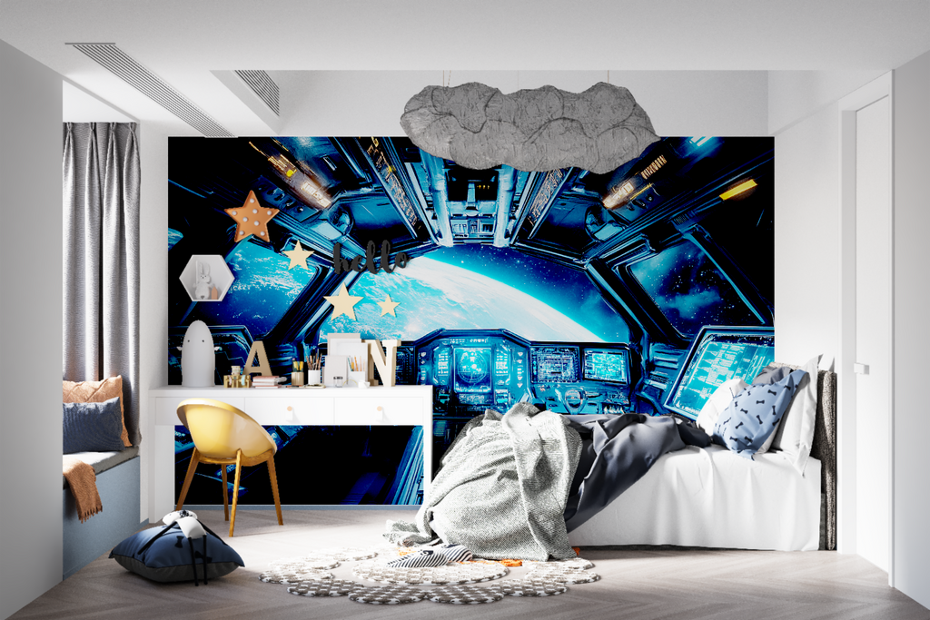 Space station cockpit wallpaper in home office with desk setup