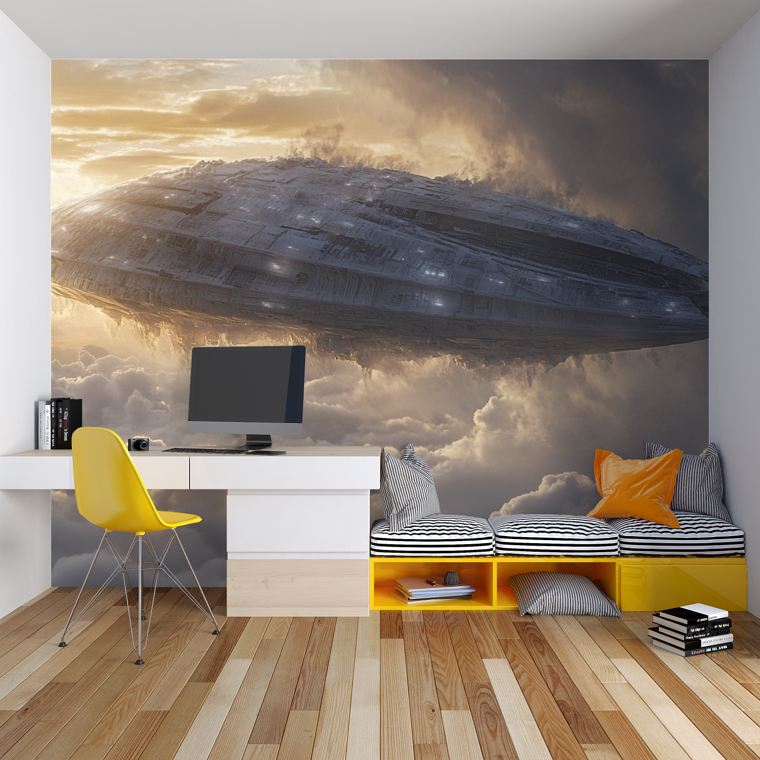 Spacecraft wall mural in teen bedroom showing golden clouds and dramatic lighting effects