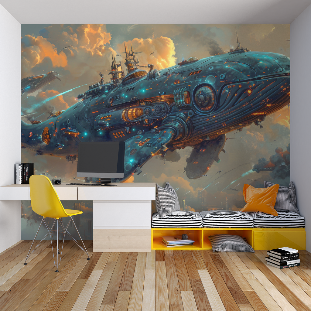 Teen bedroom transformed with space whale mural showing copper and turquoise details