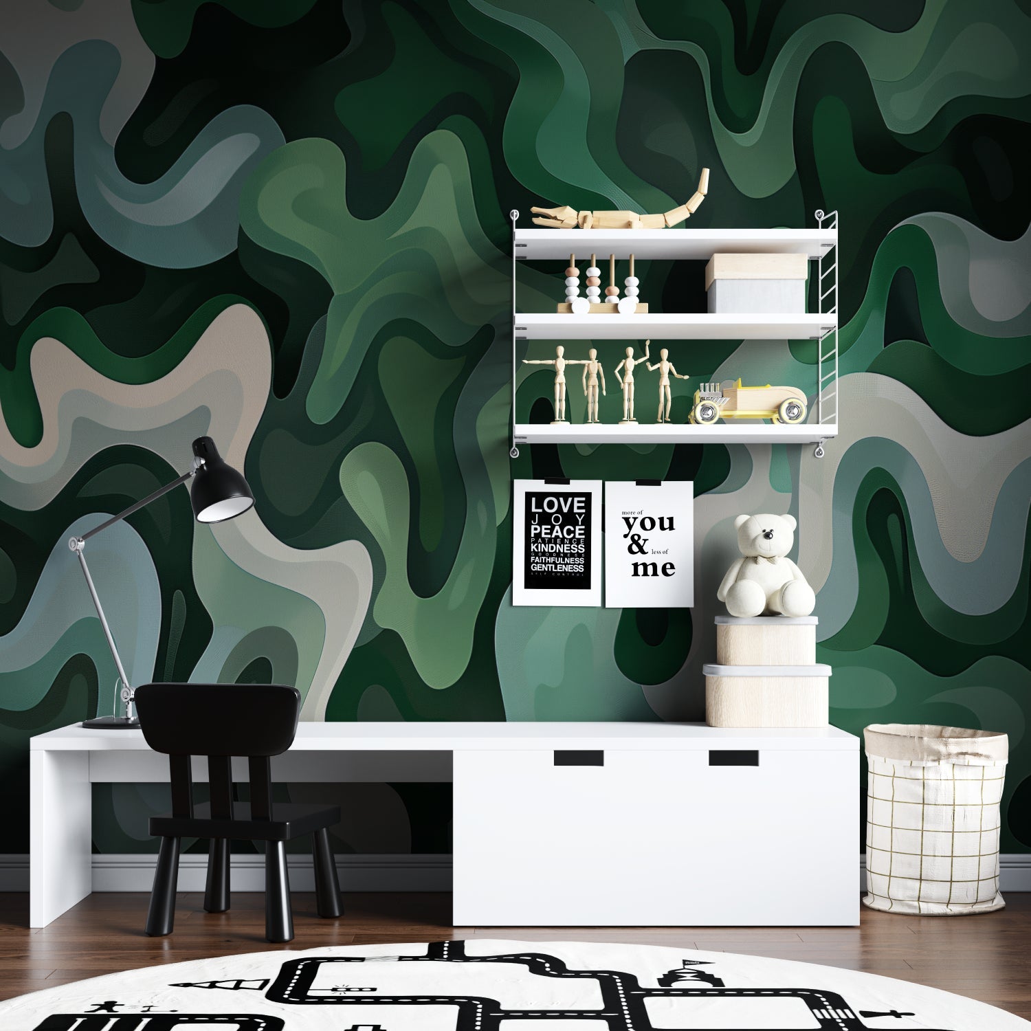 Space whale wallpaper in modern gaming room showing red mechanical whale ship against dramatic sunset