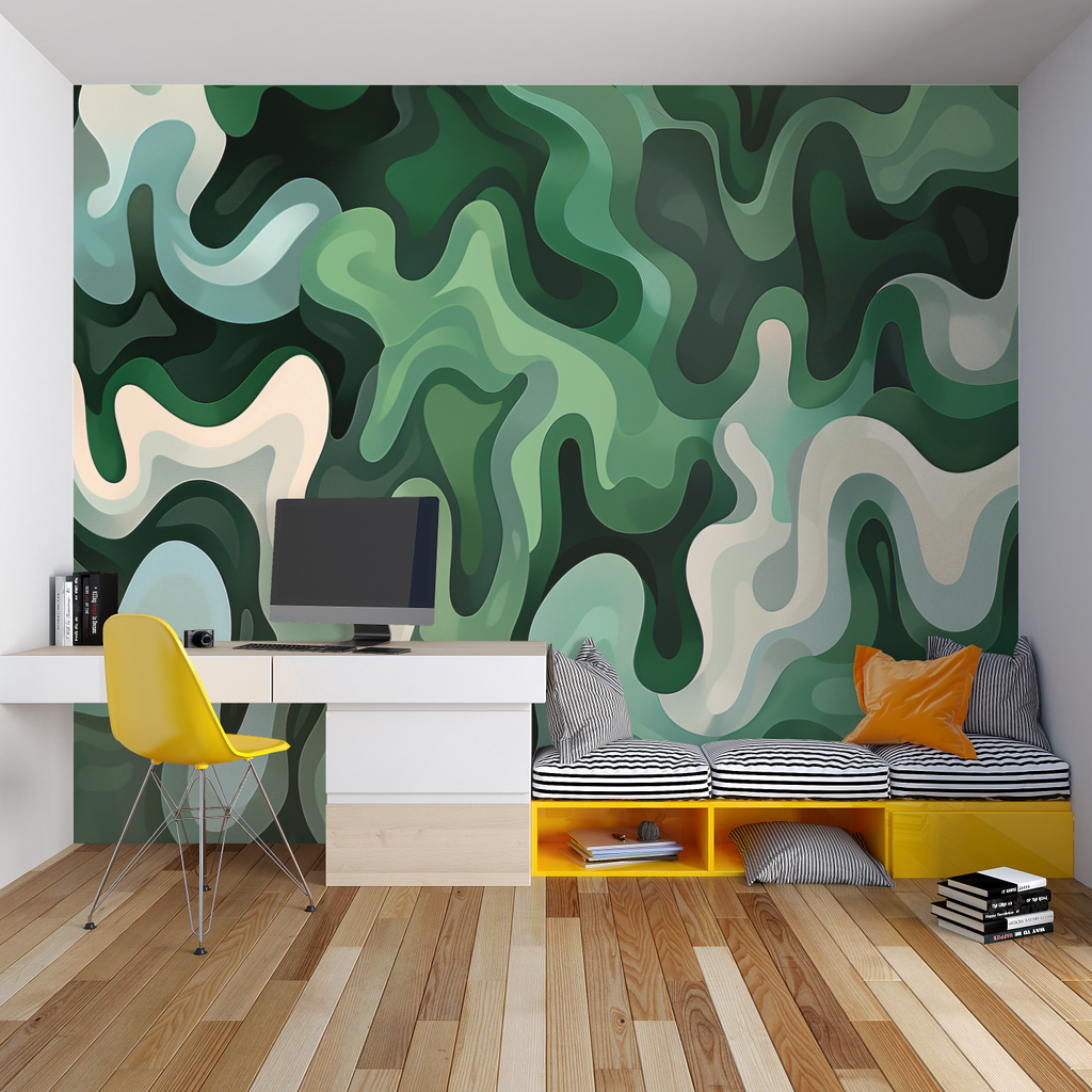 Futuristic whale ship wallpaper in office space with minimal furniture