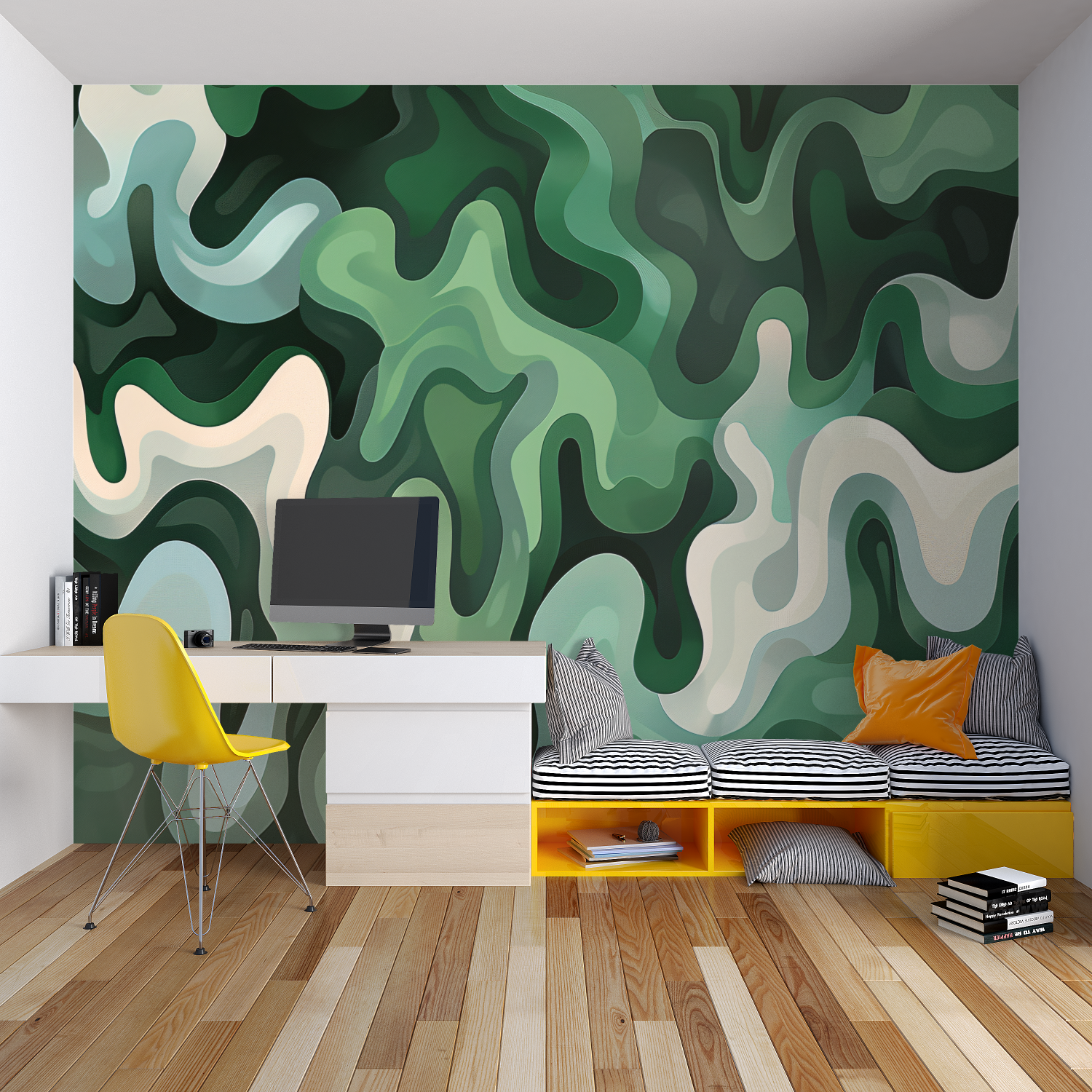 Futuristic whale ship wallpaper in office space with minimal furniture