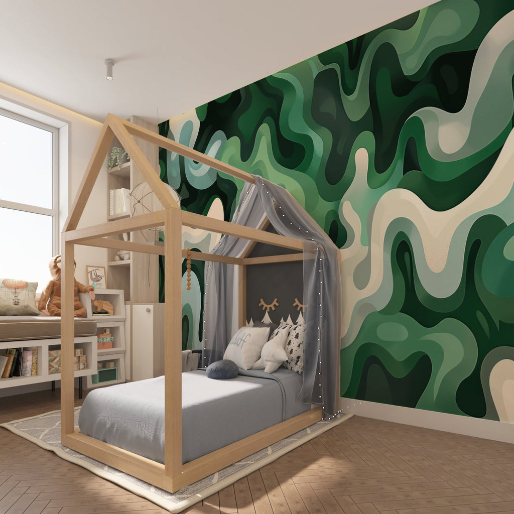 Space-themed whale mural creating focal point in creative workspace