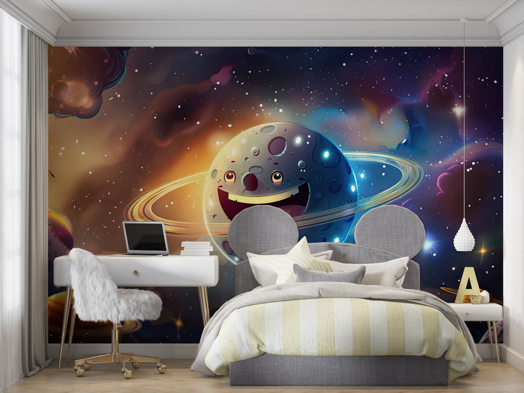 Space wallpaper mural bringing cosmic charm to a modern kids bedroom with floating planets and stars
