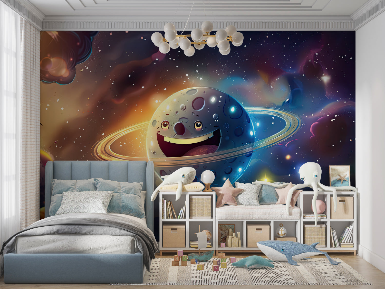 Galaxy wall mural transforming a playroom into an outer space adventure zone