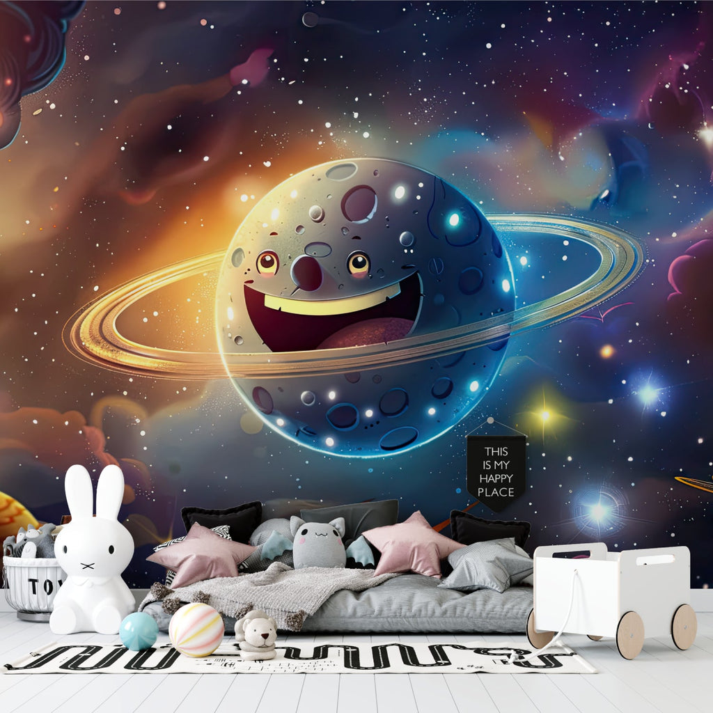Celestial wall mural adding wonder to a nursery with gentle galaxy colors
