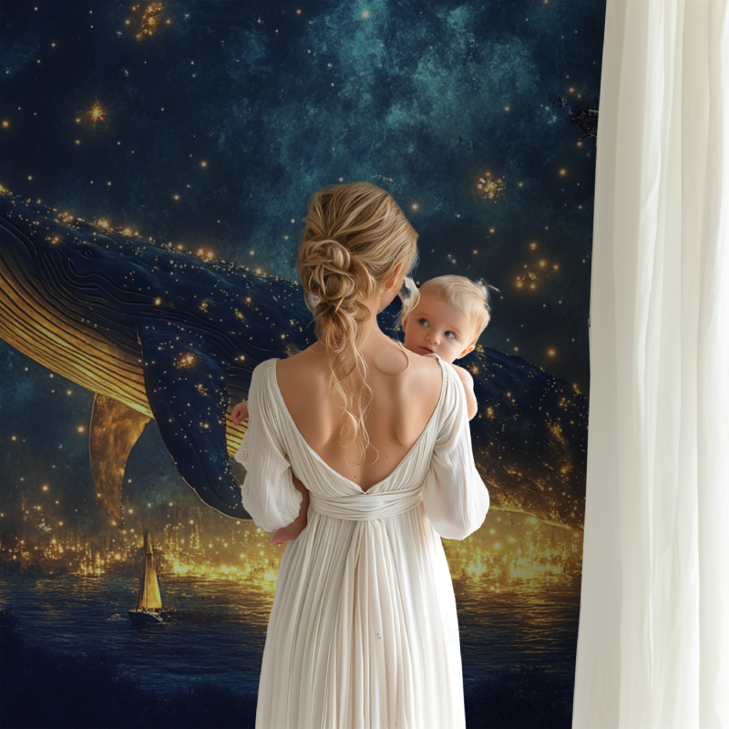Space whale wallpaper creating magic in a cozy nursery with soft lighting