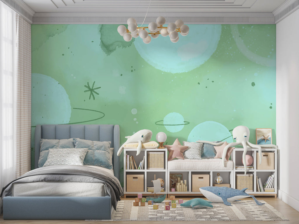 Mint green space wallpaper in a modern nursery with white furniture, creating a peaceful sleeping environment