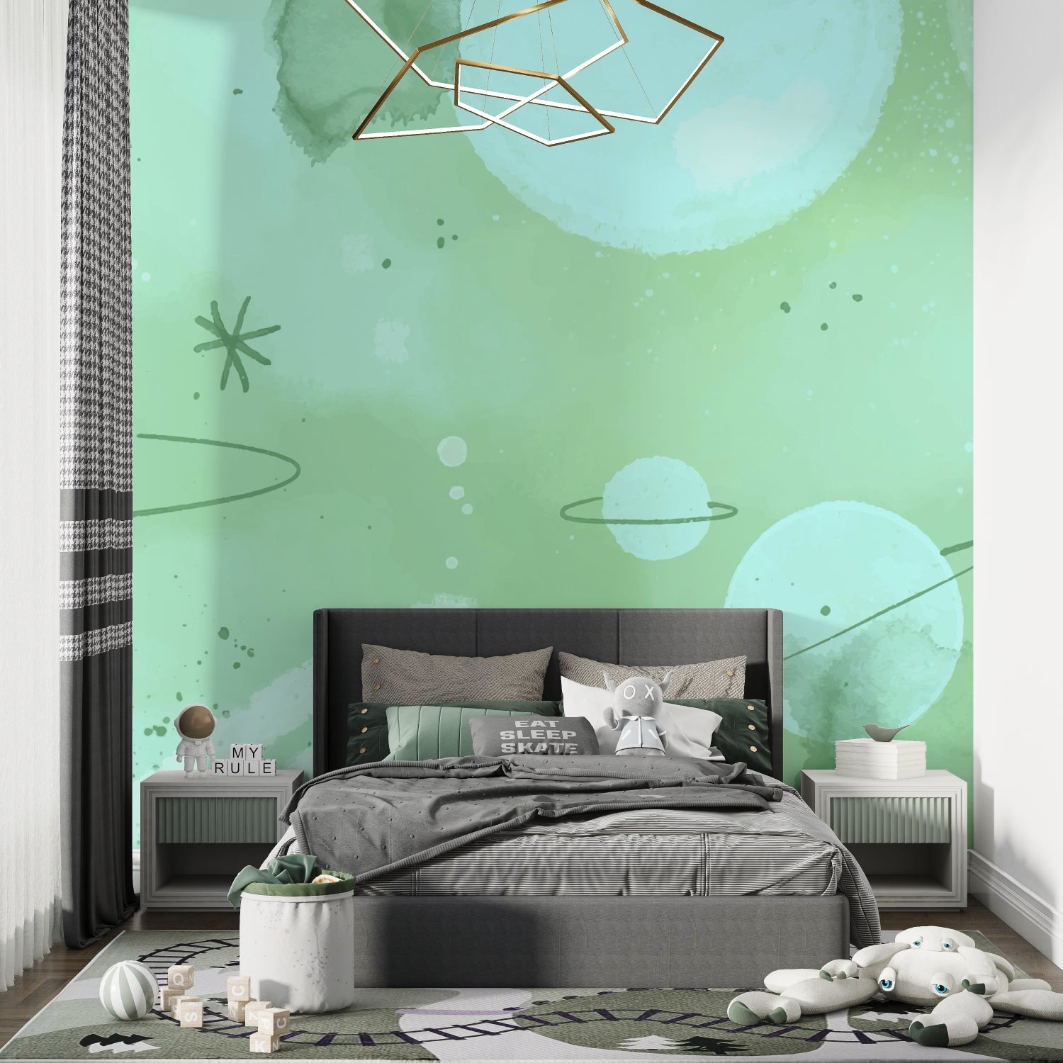 Galaxy themed wallpaper showcased in a kid's playroom with educational space toys