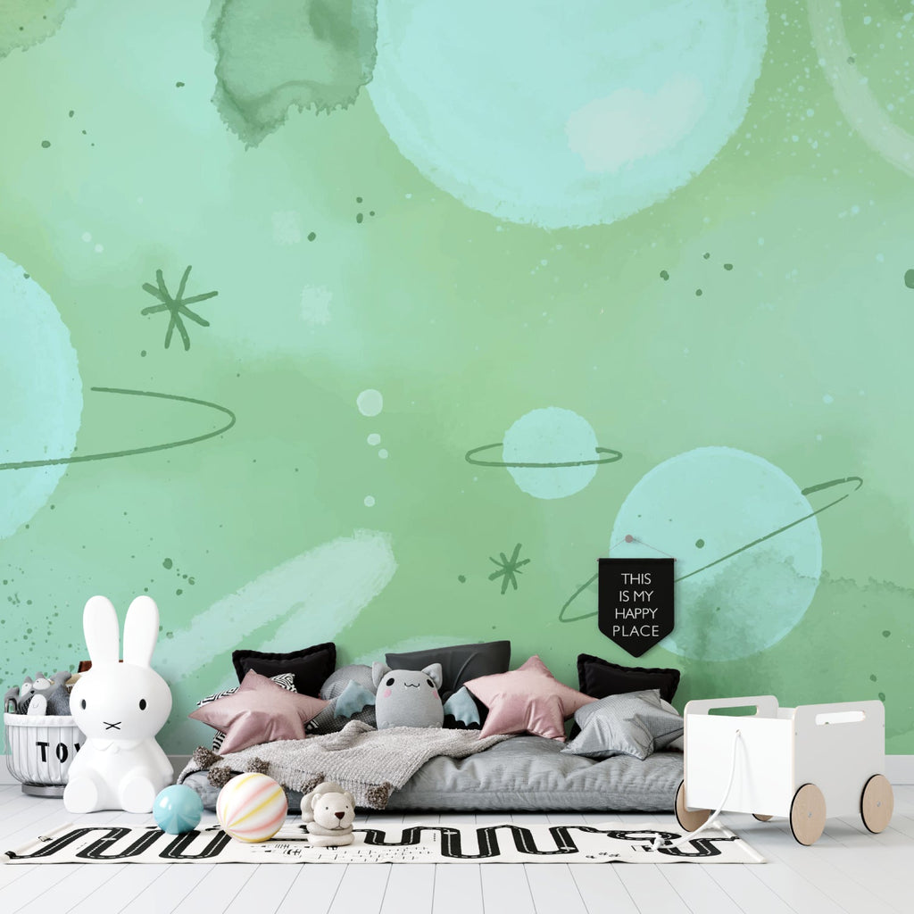 Space mural wallpaper bringing cosmic wonder to a child's reading nook