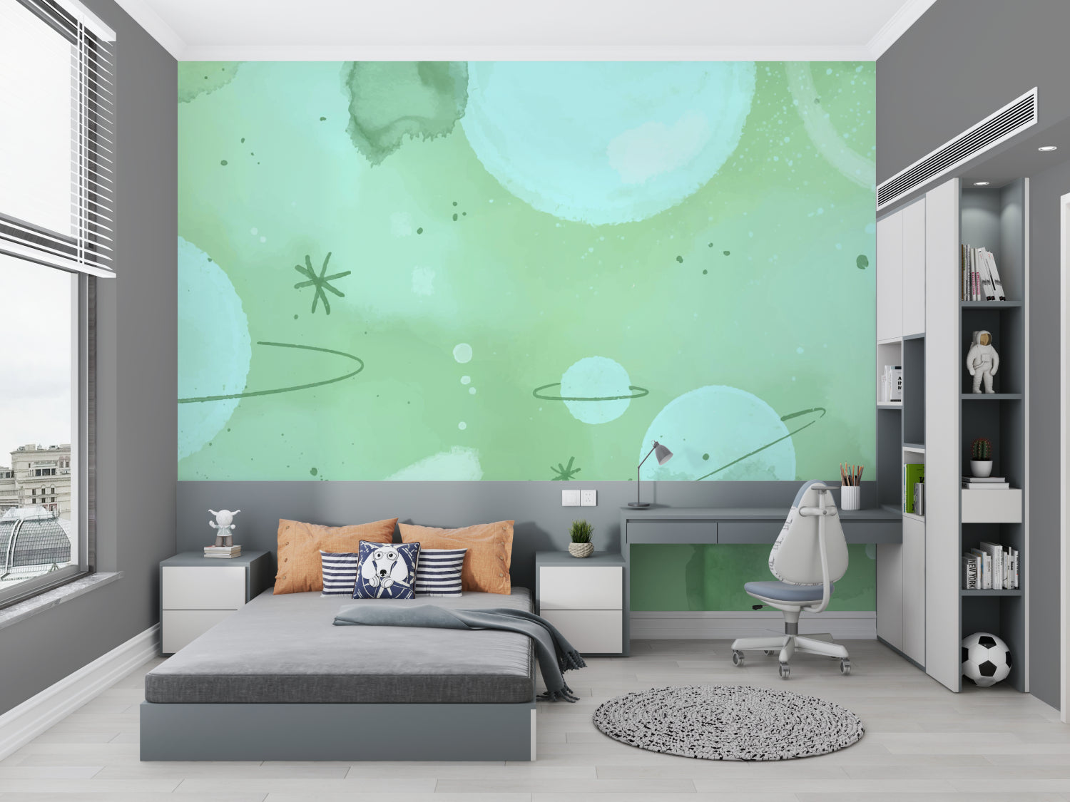 Mint green galaxy wallpaper transforming a teenage bedroom into a dreamy space sanctuary