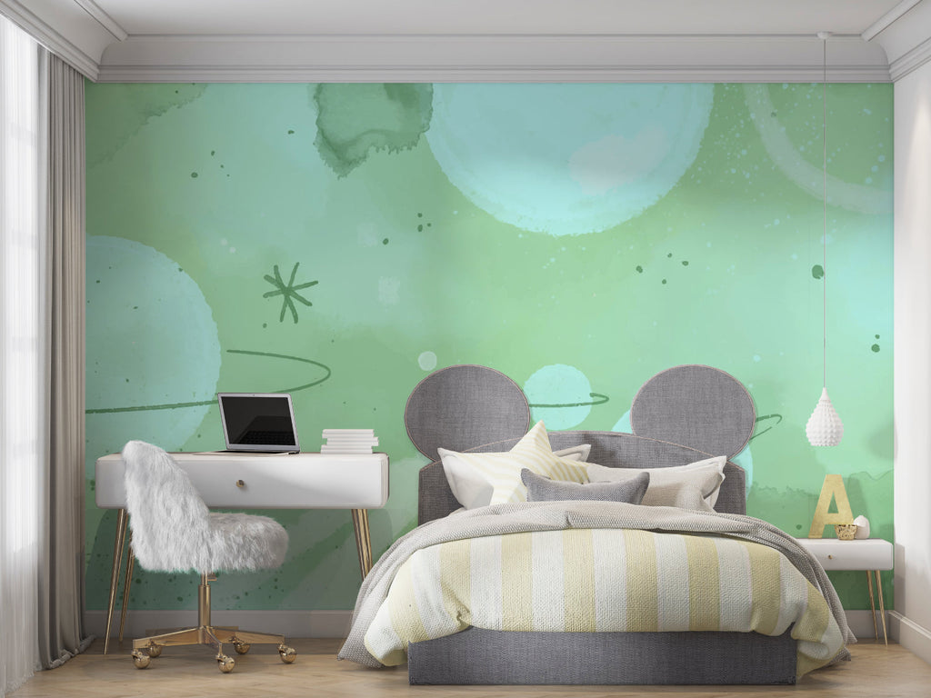 Planet wallpaper creating a soothing atmosphere in a modern home office