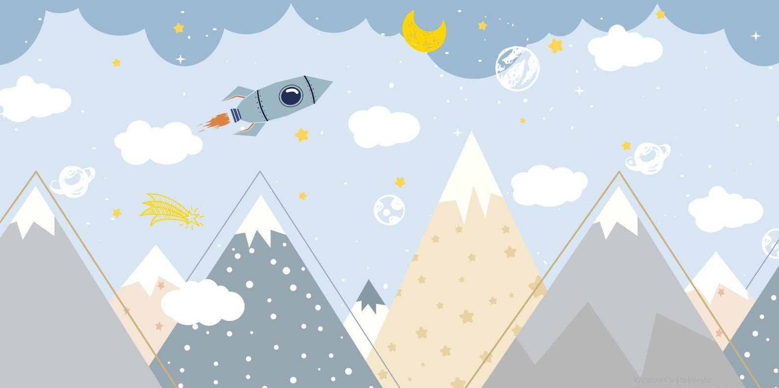 Space and mountain adventure wallpaper design file showing detailed pattern with rockets and stars