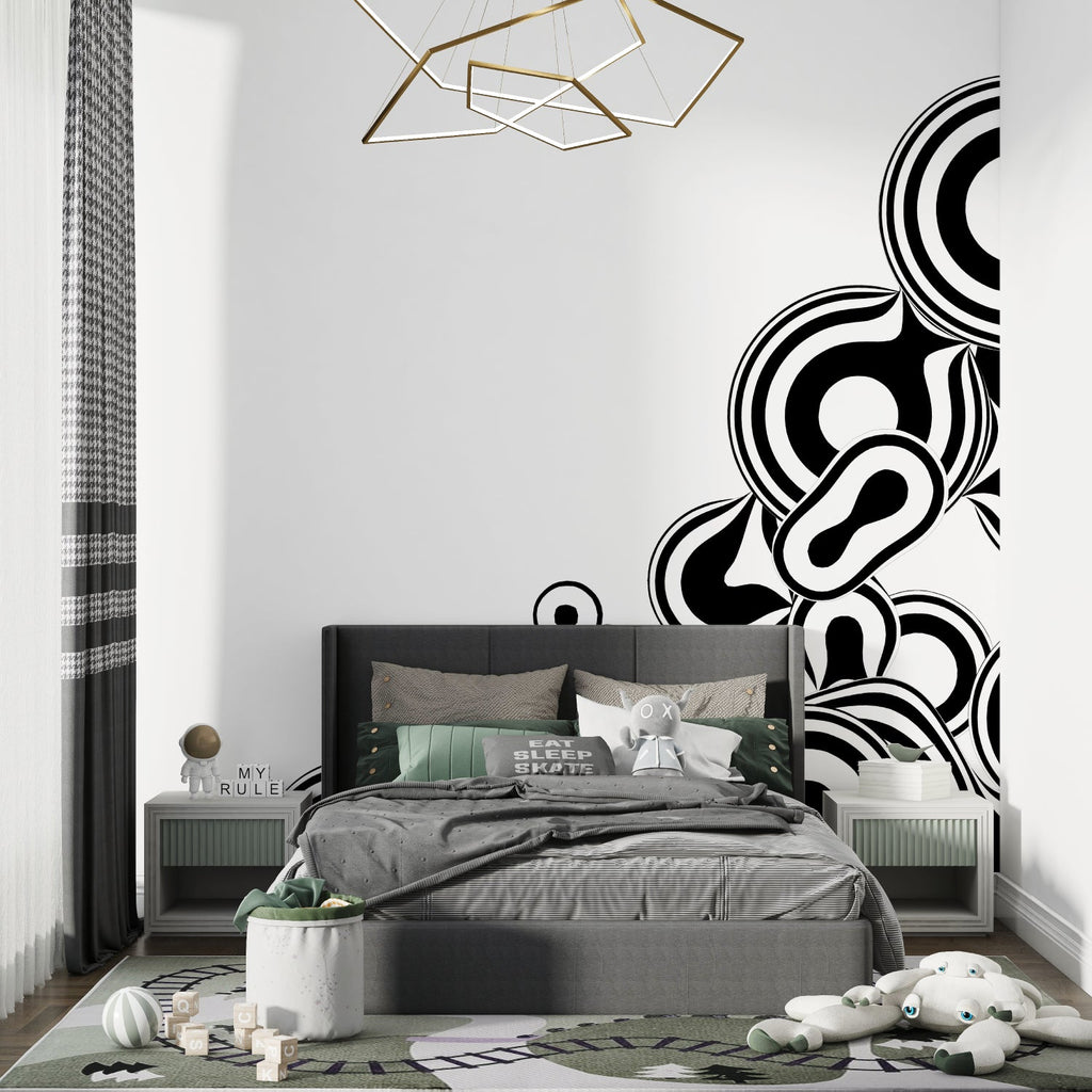 Playroom transformed with vibrant neon galaxy wallpaper featuring colorful space elements