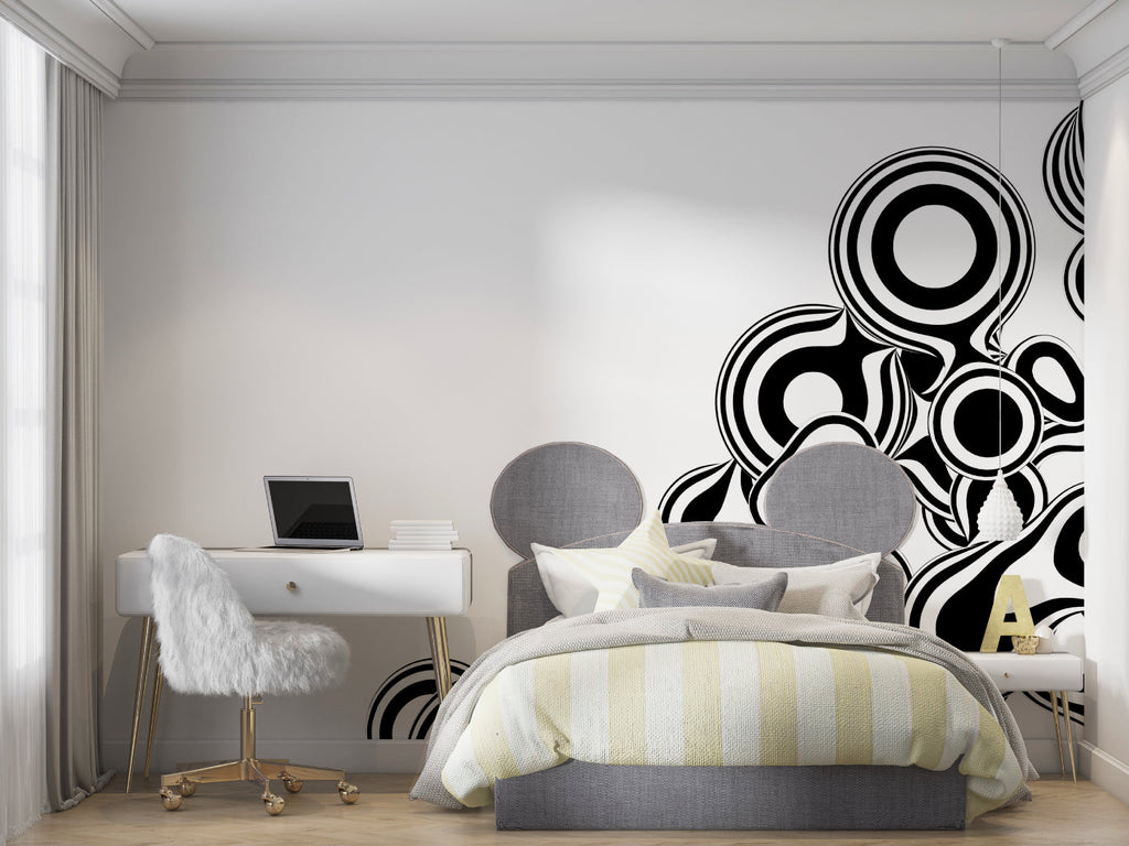 Teen bedroom featuring glowing galaxy wallpaper with neon rockets and stars