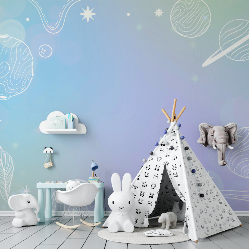 Space theme wallpaper creating a dreamy atmosphere in a modern nursery with white furniture