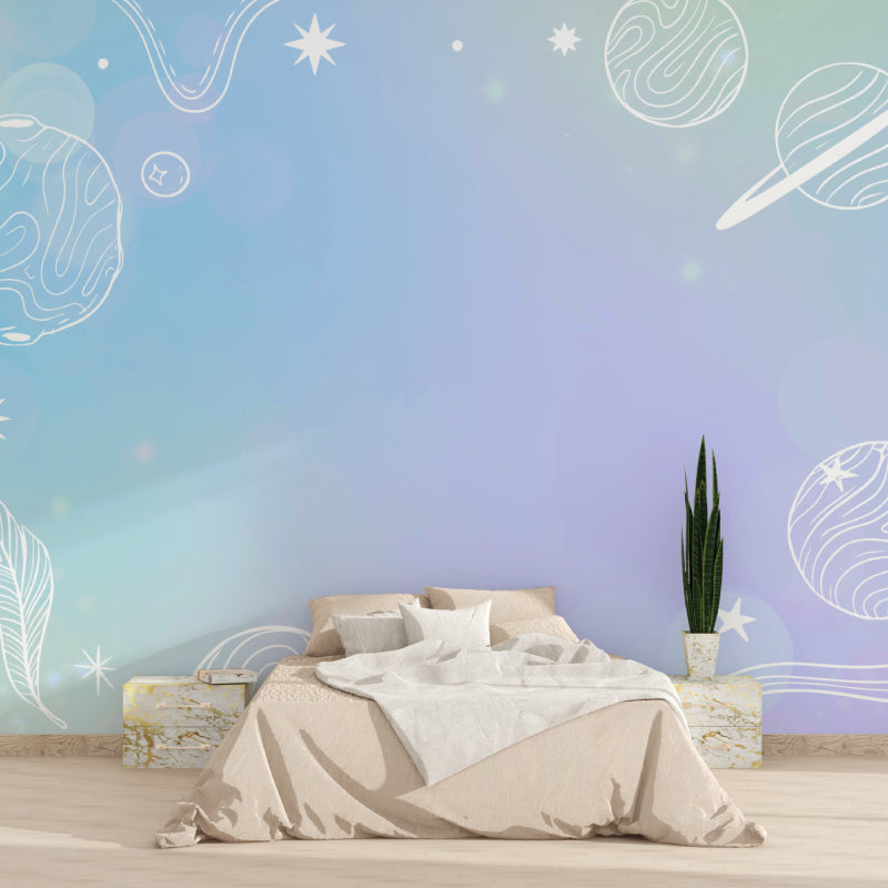 Playroom wall decorated with space theme mural showing scale and room depth